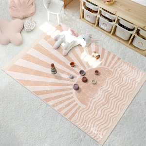 Sunburst Waves Kids Rug - Sunray Curves Pattern Mat-Peach Accent Carpet-Modern Area Rug-Anti-Slip Nursery Mat-Imaginative Playroom Throw Rug