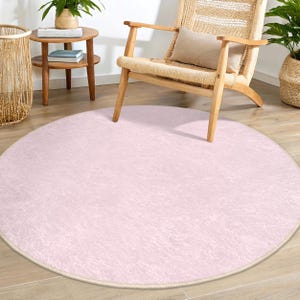 Op de afbeelding: Een rond lichtroze tapijt met een crèmekleurige rand. Het tapijt ligt op een houten vloer en een stoel staat op het tapijt.