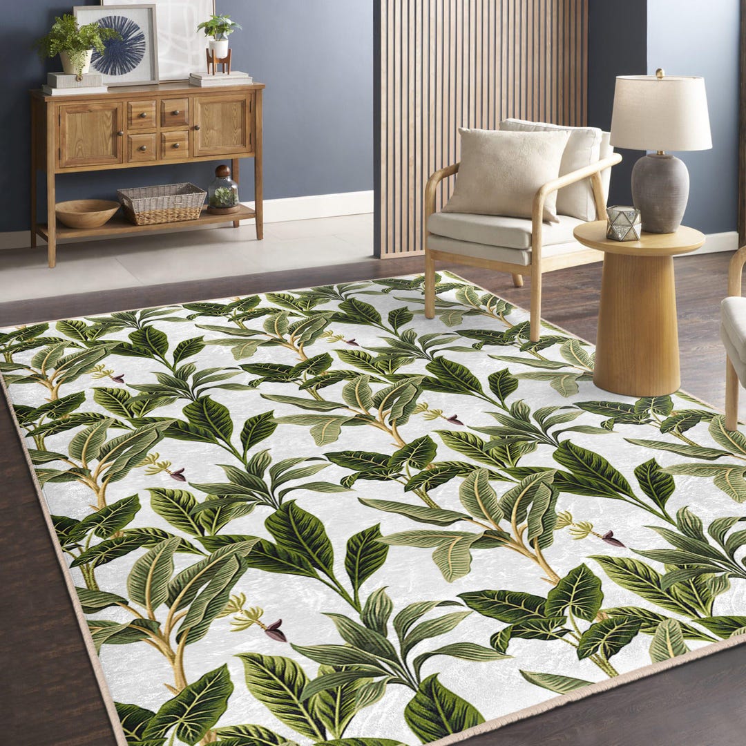 Leafy Botanical Area Rug - Tropical Green Leaf Carpet - Nature Inspired ...