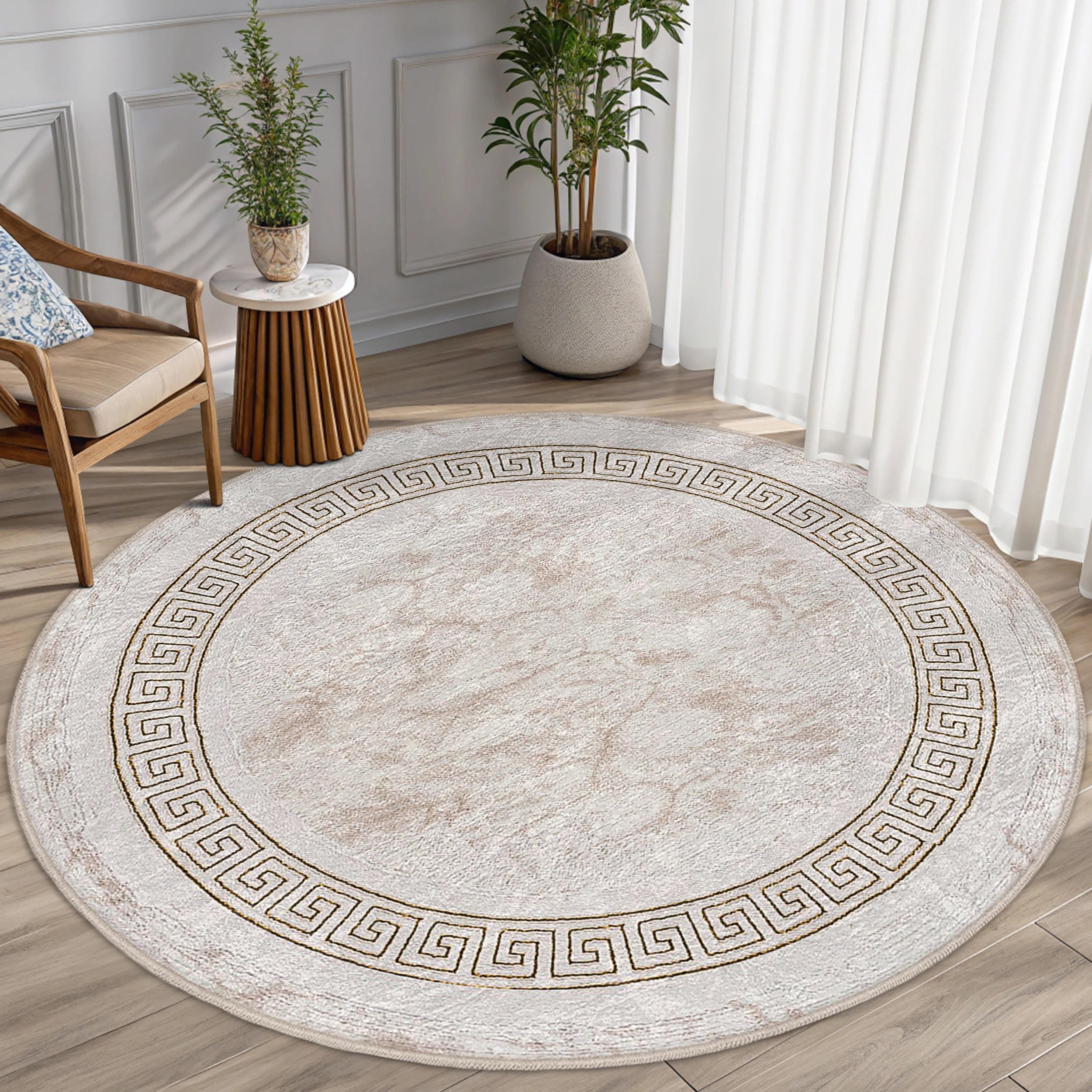 Greek Key Border Beige Round Rug - Geometric Pattern Circle Carpet ...