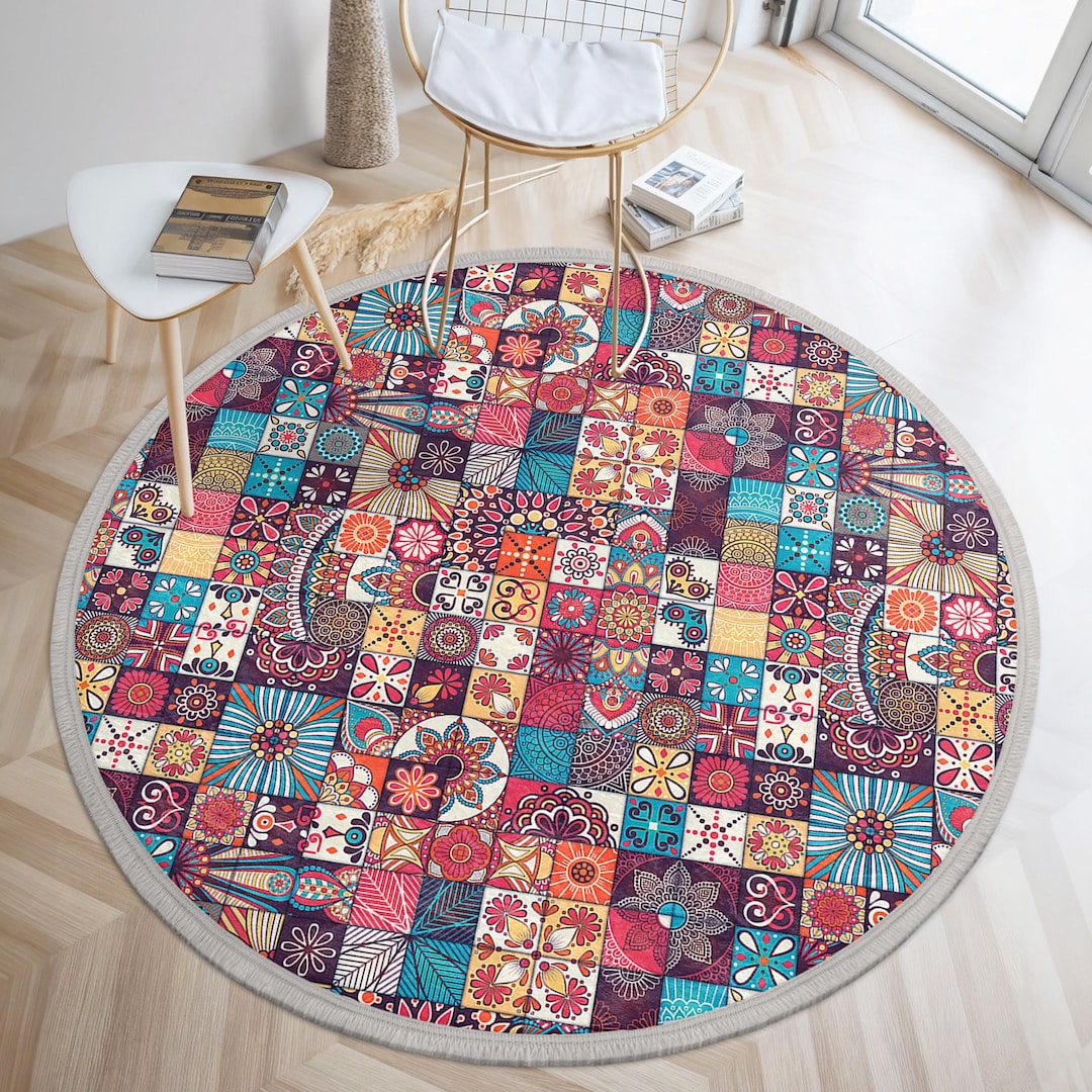 Rectangular Rug Circular Pattern Patchwork Floral Bohem Round Rug -geometric Pattern Circle Carpet ...