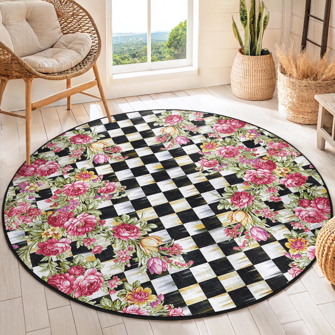 Red And Pink Rose Floral Round Rug