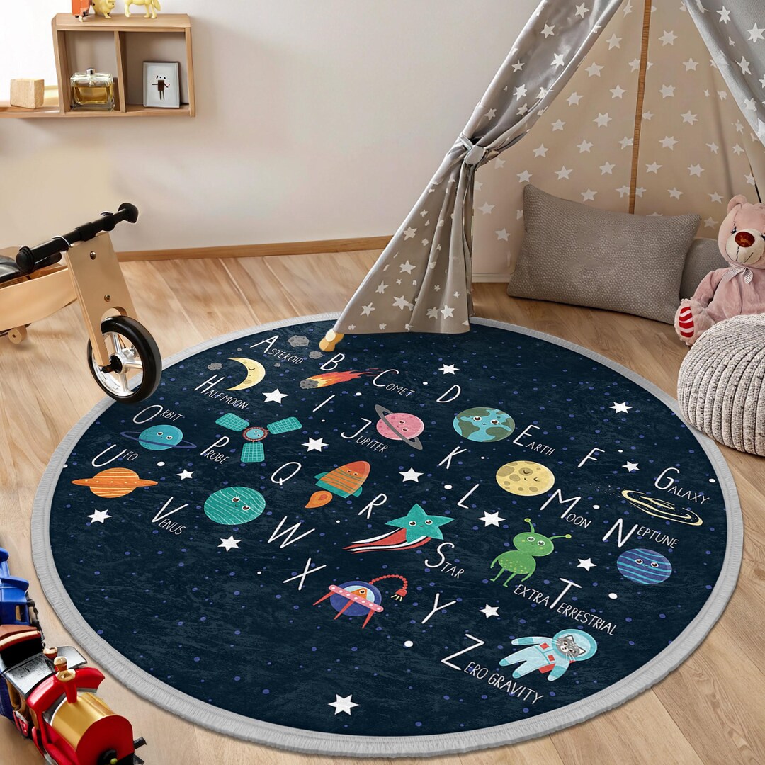 Space Reading Rug Space Alphabet Kids Room Round Rug - UFO Rocket Planets Circle Carpet ...
