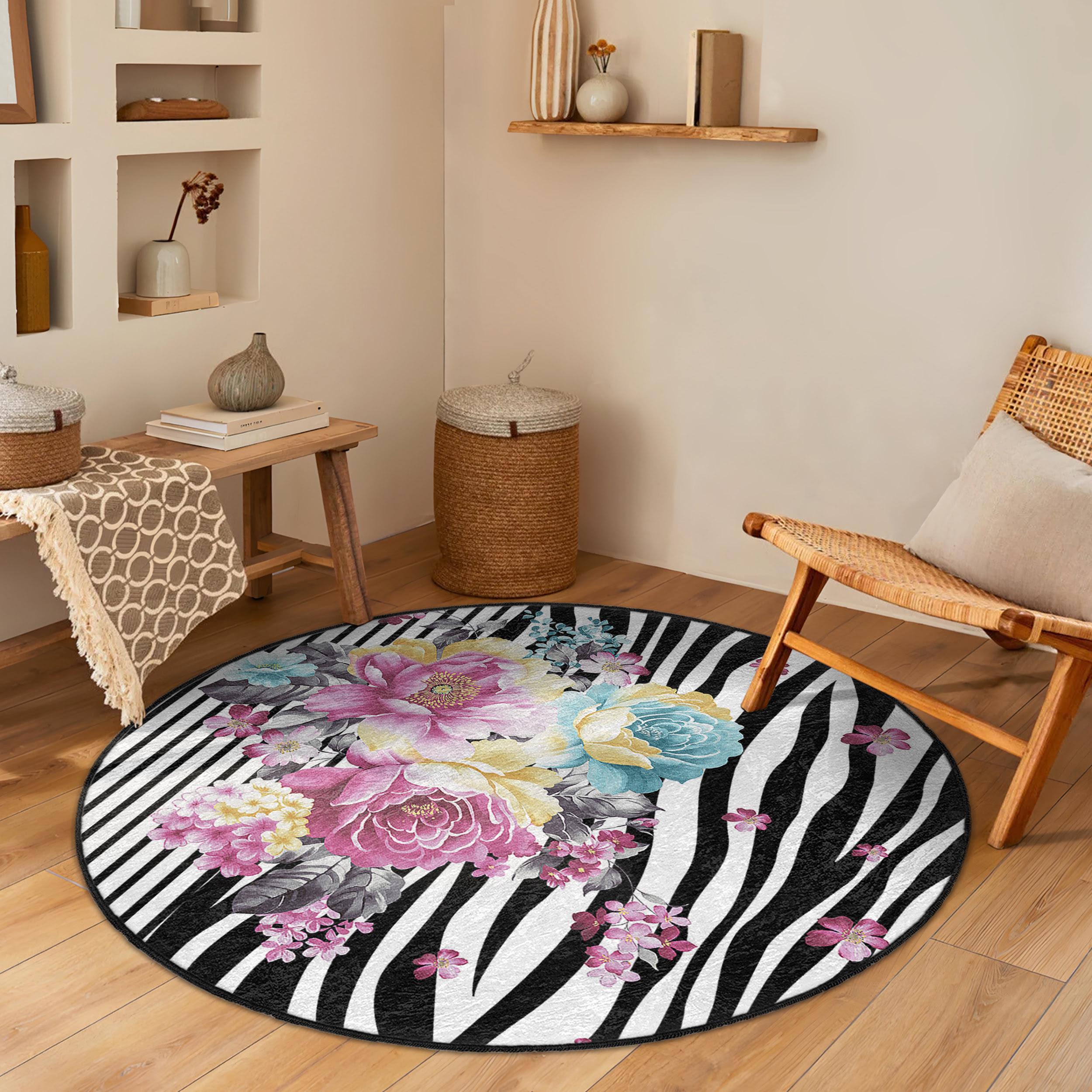 Zebra Floral Design Round Rug - Vibrant Flower Stripes Circle Carpet ...