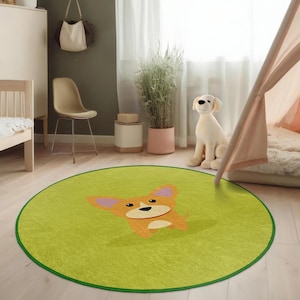 Green Puppy Play Circle Carpet - Cute Cartoon Dog Centerpiece Mat-Whimsical Nursery Carpet-Fun Playroom Rug-Washable Anti-slip Kids Room Rug