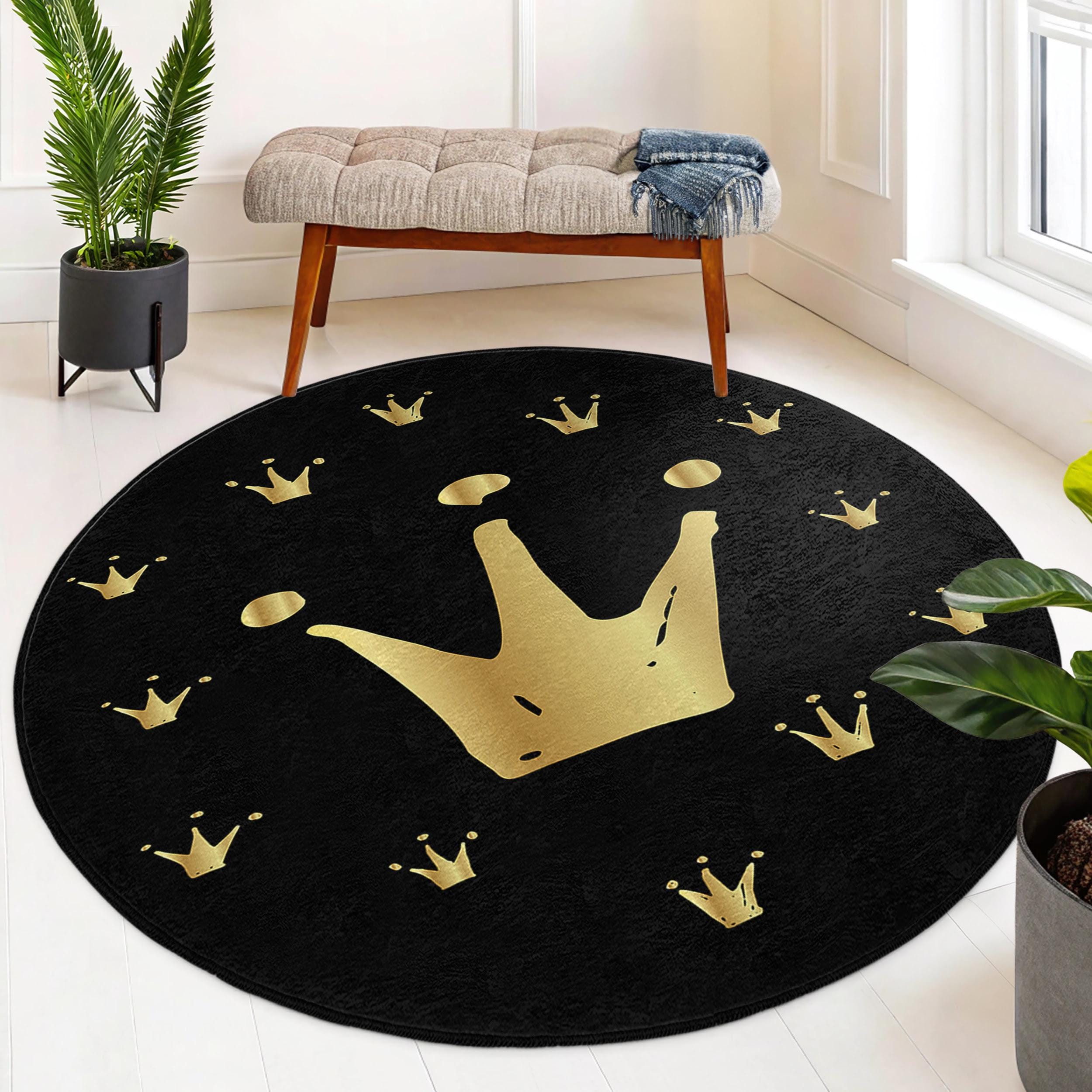 Kerdom Rug Golden Crown Themed Round Rug -regal Black Patterns Circle Carpet ...