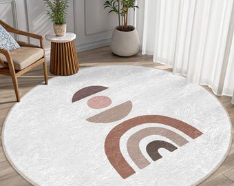 Tappeto rotondo neutro geometrico boho - Tappeto circolare con forme astratte minimaliste - Tappeto ovale con design arcobaleno marrone chiaro - Tappeto decorativo per soggiorno - Tappeto circolare