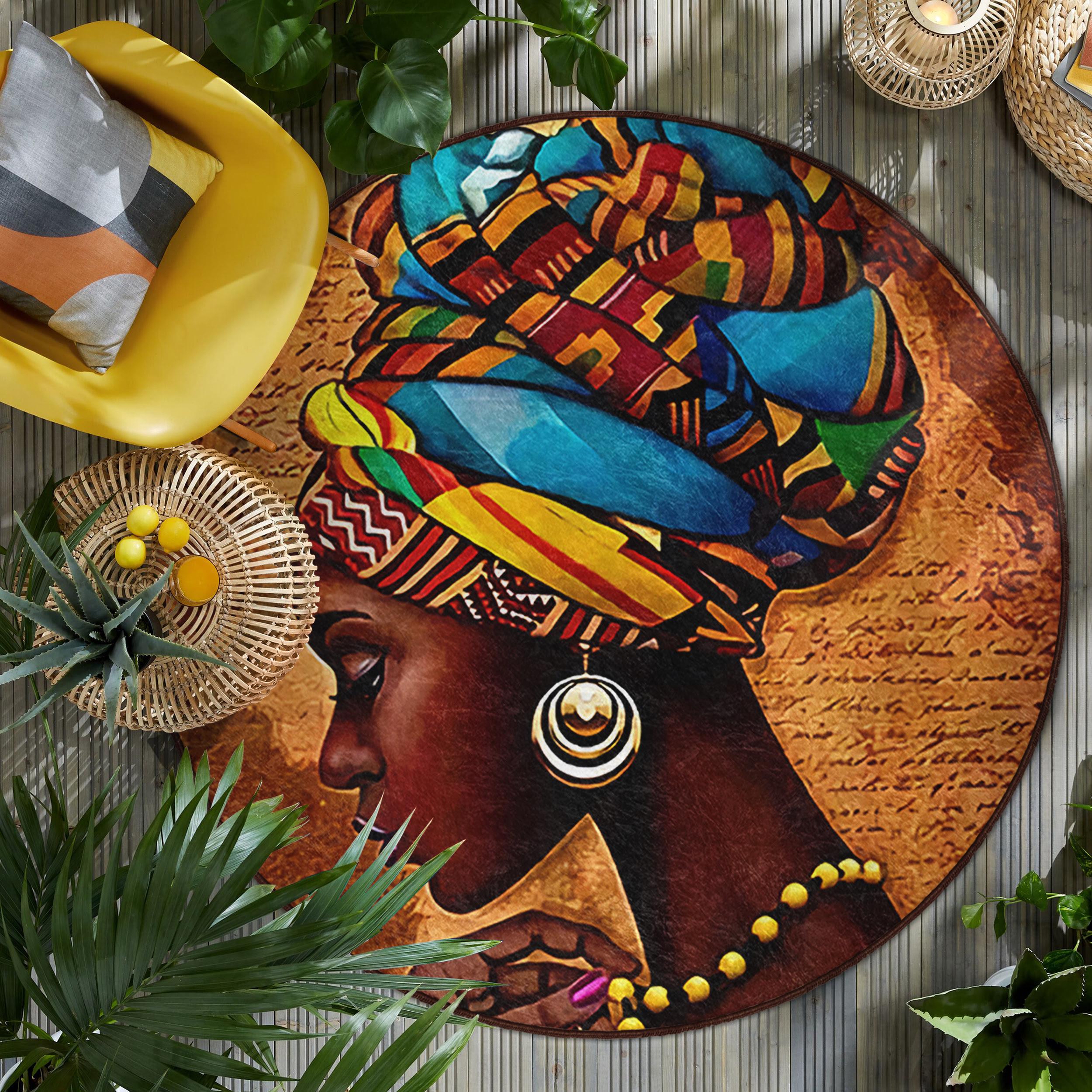 African Art Round Rug - Cultural Headwrap Afro Circle Carpet -bold ...