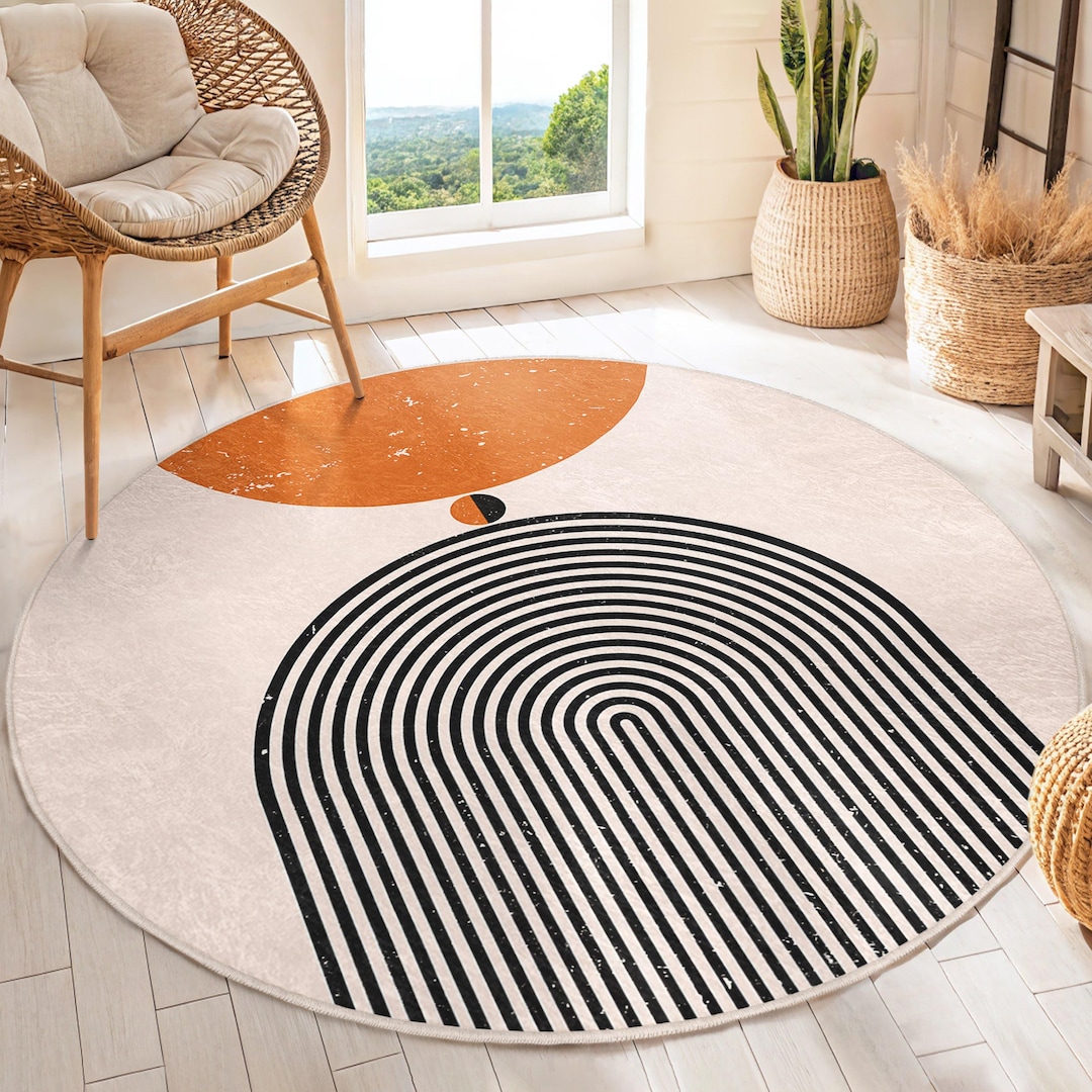 Abstract Geometric Modern Round Rug - Black White Arcs Design Circle ...