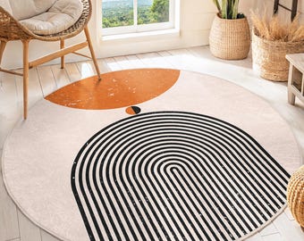 Abstract Geometric Modern Round Rug - Black White Arcs Design Circle Carpet - Terracotta Round Carpet-Minimalist Art Oval Mat-Boho Round Rug