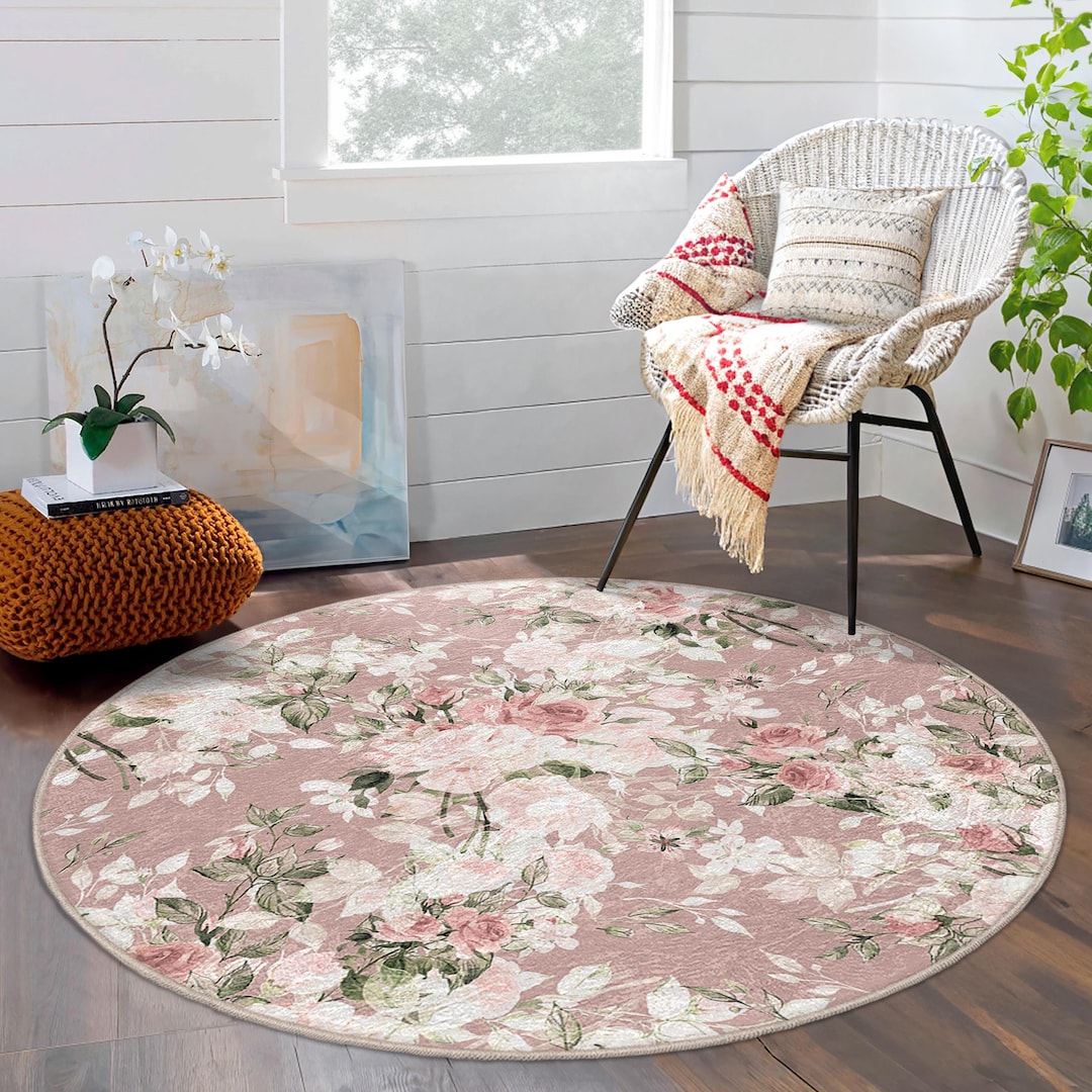 Florale Eleganz Rosa Runder Teppich - Vintage Botanische Muster Kreis Teppich - Wohnzimmer Akzent Teppich - Pastell Garten Oval Mat-Boho Chic Bereich Teppich