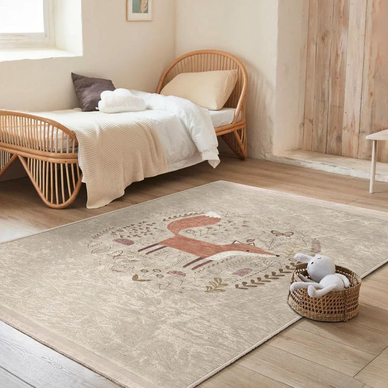Whimsical Fox Pattern Rug - Nature Inspired Animal Mat - Kids Room ...