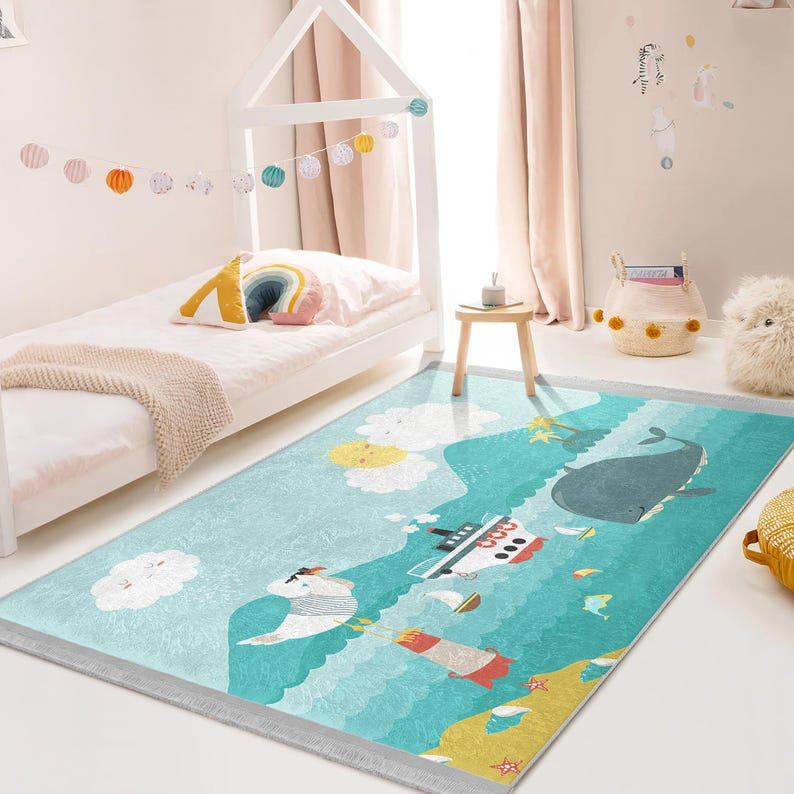 Teal Nautical Carpet - Whimsical Nursery Ru - Underwater Adventure Gift