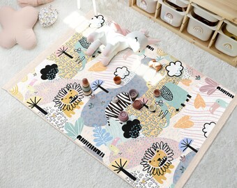 Children's Cartoon Animal Rug - Cute Jungle Creatures Mat - Dinosaur Clouds Elephant Accent Rug - Playroom Carpet -Colorful Nursery Area Rug