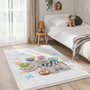 Alfombra infantil con diseño de elefante y búho, diseño creativo de dibujos animados de animales, alfombra para guardería, alfombra de colores brillantes, alfombra decorativa para sala de juegos, alfombra para habitación de niños