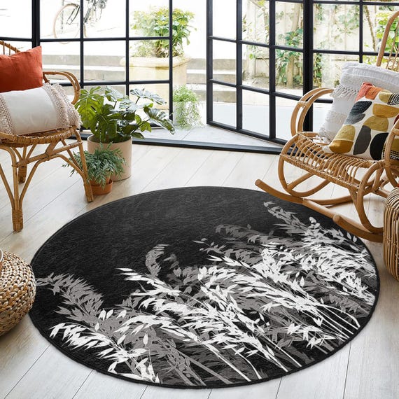 White Grass Flowers Black Round Rug-nature Leaf Pattern Circle