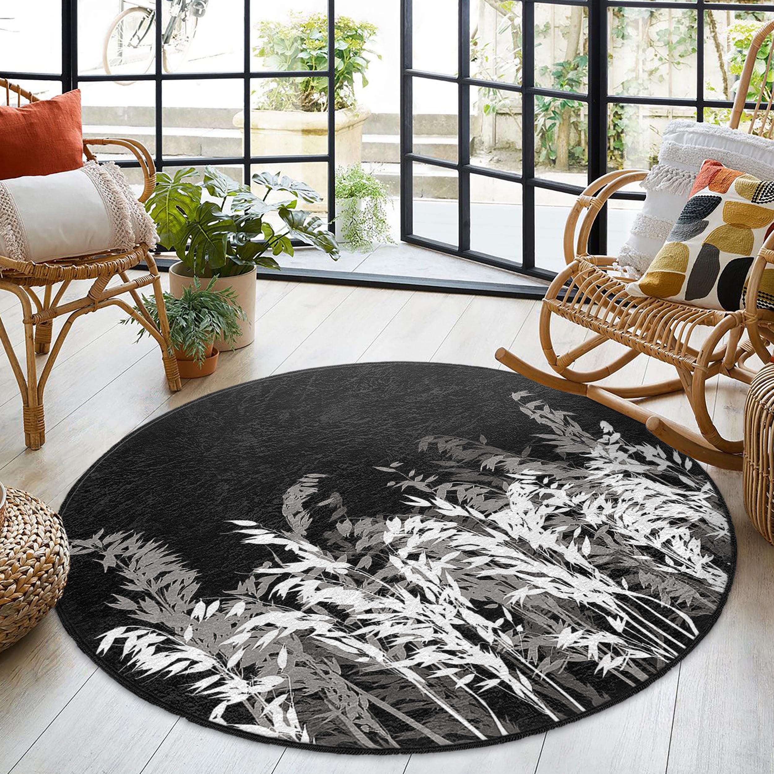 ラグ・カーペット Kyne Stamp Circle Rug by ROOM Black White Grass Flowers Black Round Rug-nature Leaf Pattern Circle