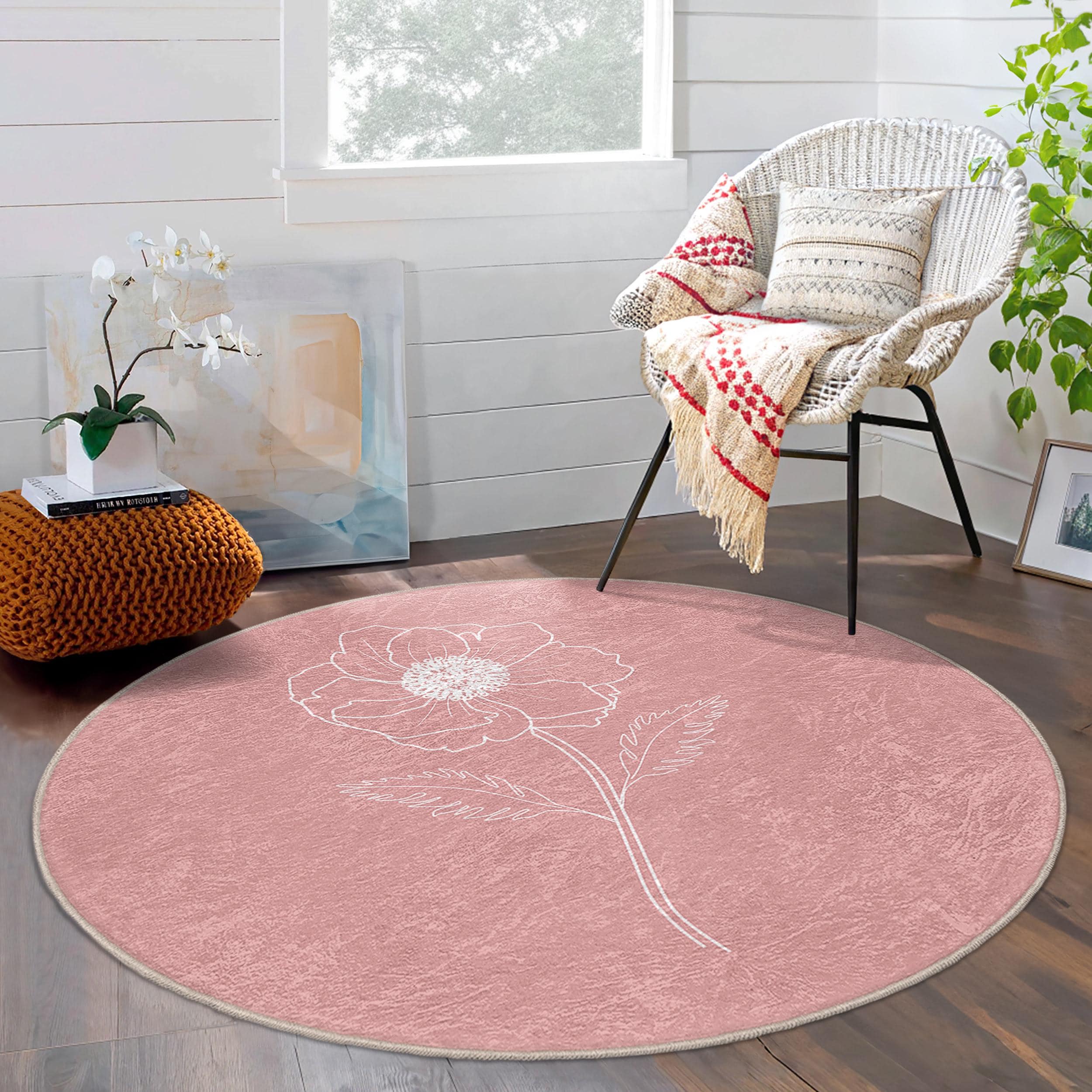 Floral Blush Pink Round Rug - White Flower Line Art Circle Mat