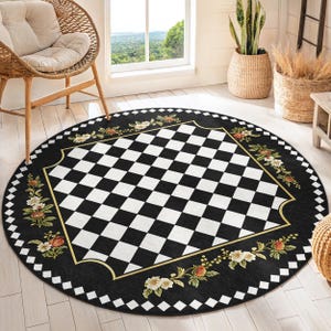 Elegant Checkered Floral Round Rug - Black White Circle Carpet-classic ...
