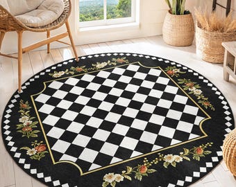 Elegant Checkered Floral Round Rug - Black White Circle Carpet-Classic Charm Round Mat-Accent Flower Design Circle Mat-Washable Round Carpet