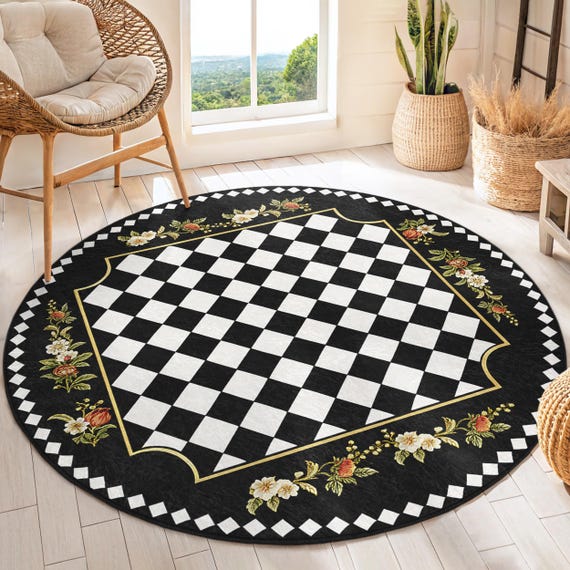 Elegant Checkered Floral Round Rug - Black White Circle Carpet