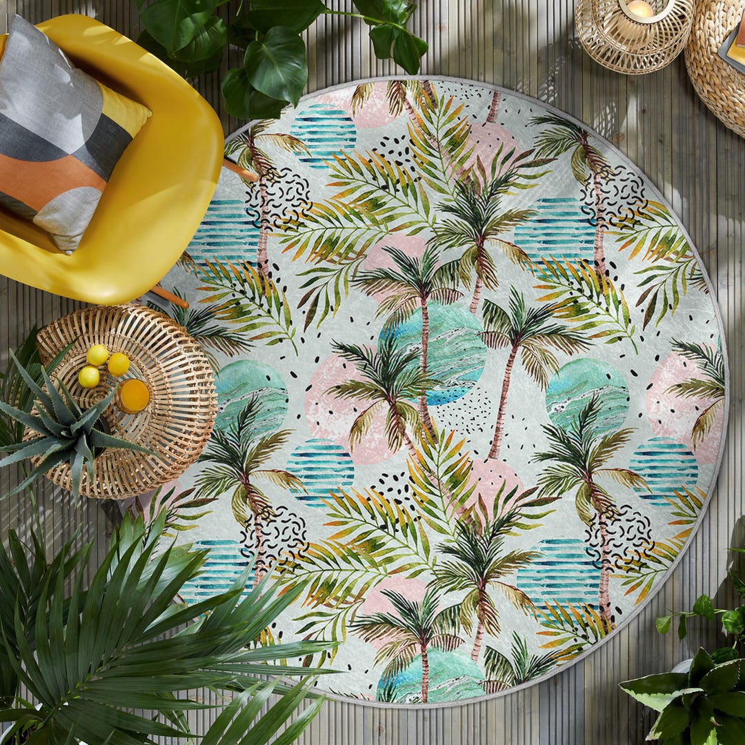 Tropical Palm Tree Pattern Round Rug - Colorful Leaf Motif Circle ...