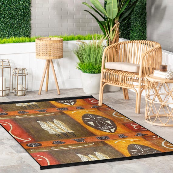 African Tribal Mask Area Rug - Ethnic Geometric Art Carpet