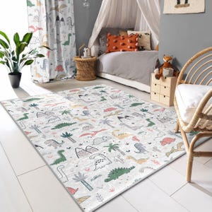 Alfombra infantil con diseño de dinosaurios y safari, alfombra decorativa para guardería con diseño de dinosaurios, alfombra para sala de juegos, alfombra lavable colorida, alfombra decorativa con temática aventurera