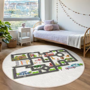 Stadt Straßen Spiel Kreis Teppich-Stadt Karte Fahrbahn Oval Matte-Tier Abenteuer Kinderzimmer Teppich-Vibrierende Kinderzimmer Dekor Runder Teppich-Weiß Spielzimmer Matte