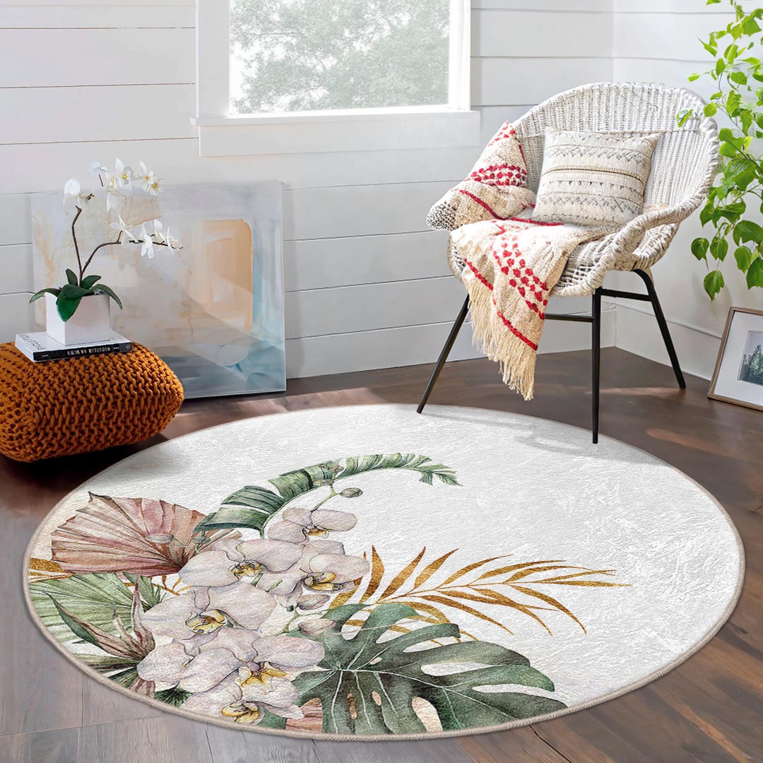 Orchidea Rugs Tropical Leaf Orchid Design Round Rug - Botanical Floral Pattern Circle ...