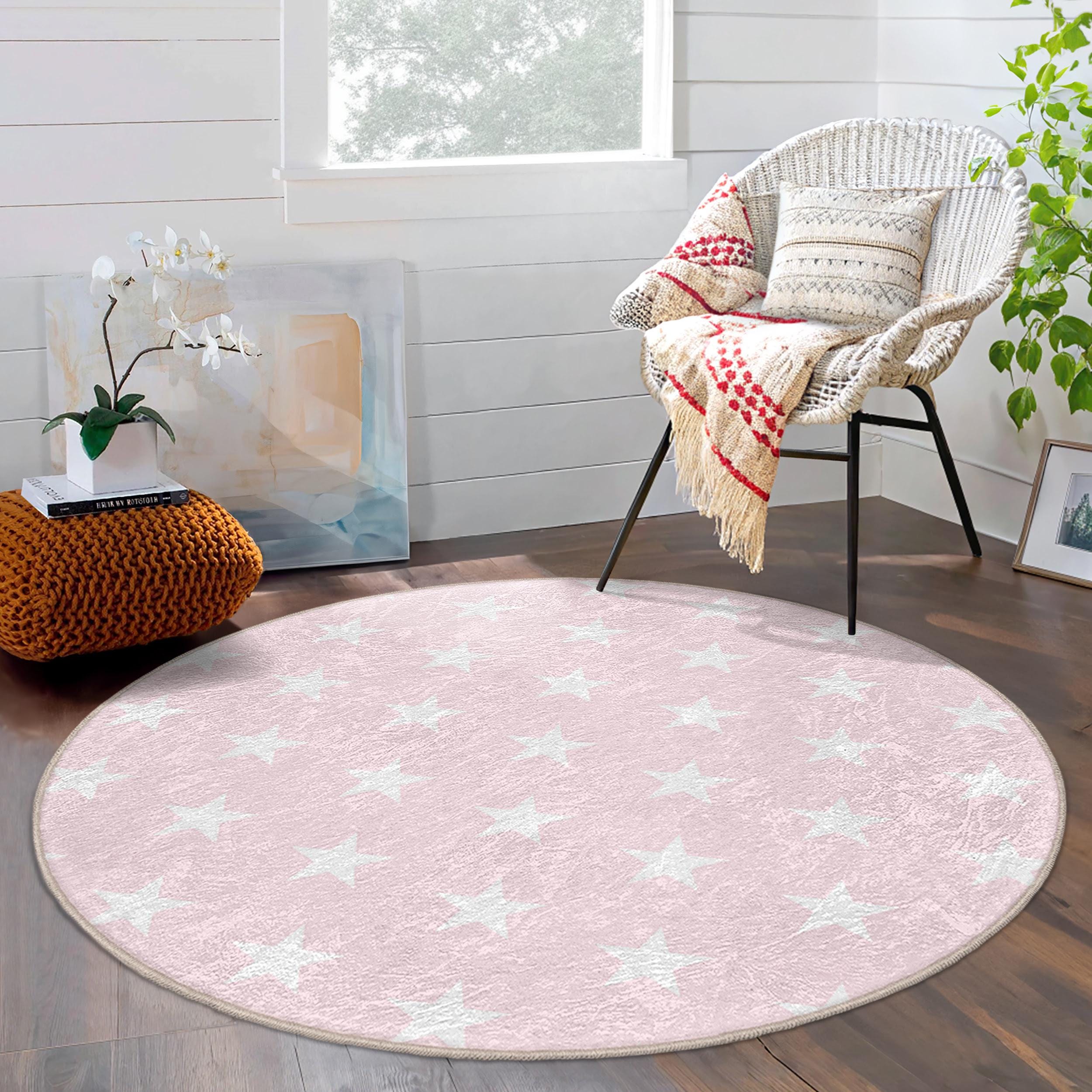 Pink Star-patterned Round Rug - Celestial White Stars Carpet