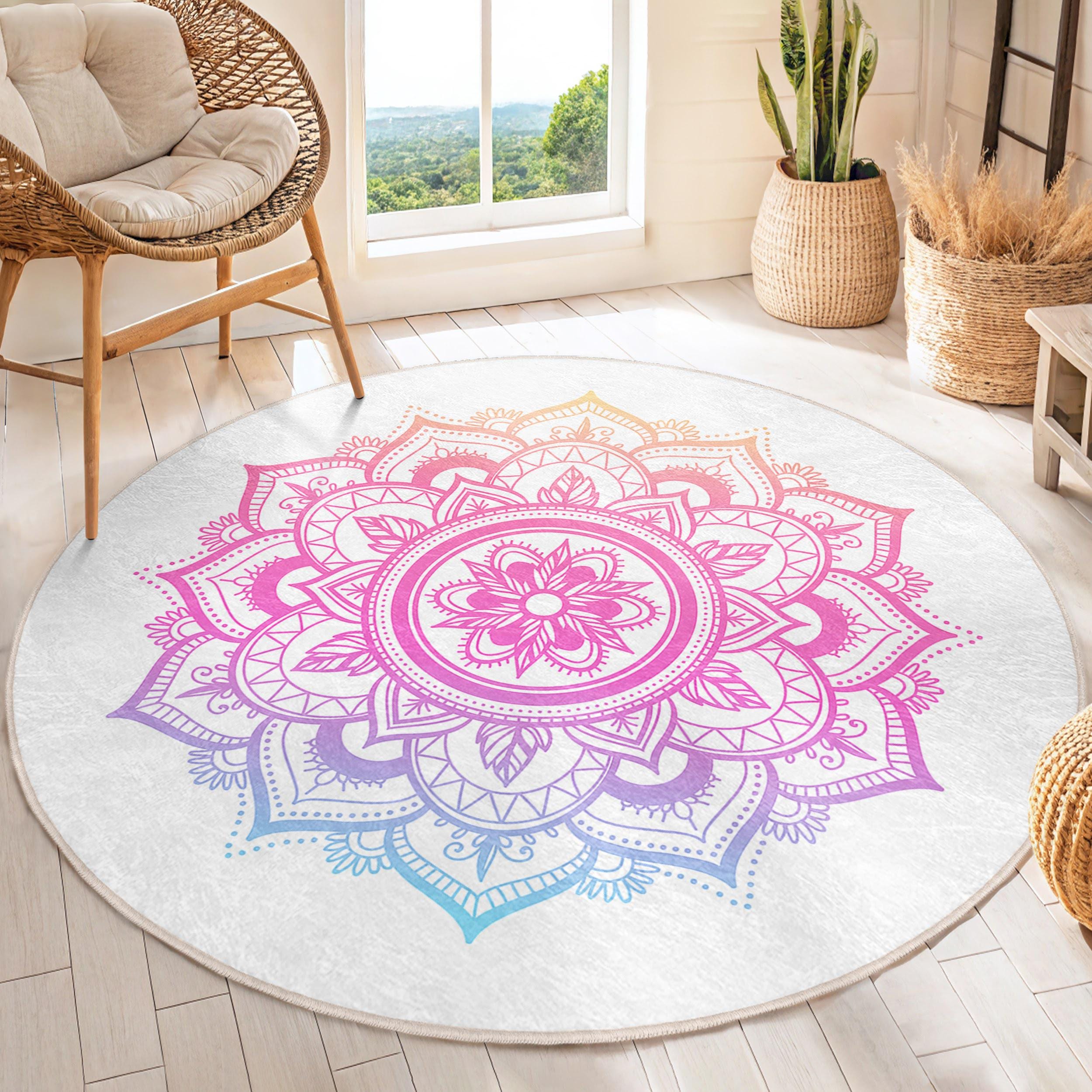 Colorful Mandala Theme Round Rug - Gradient Floral Circle Mat