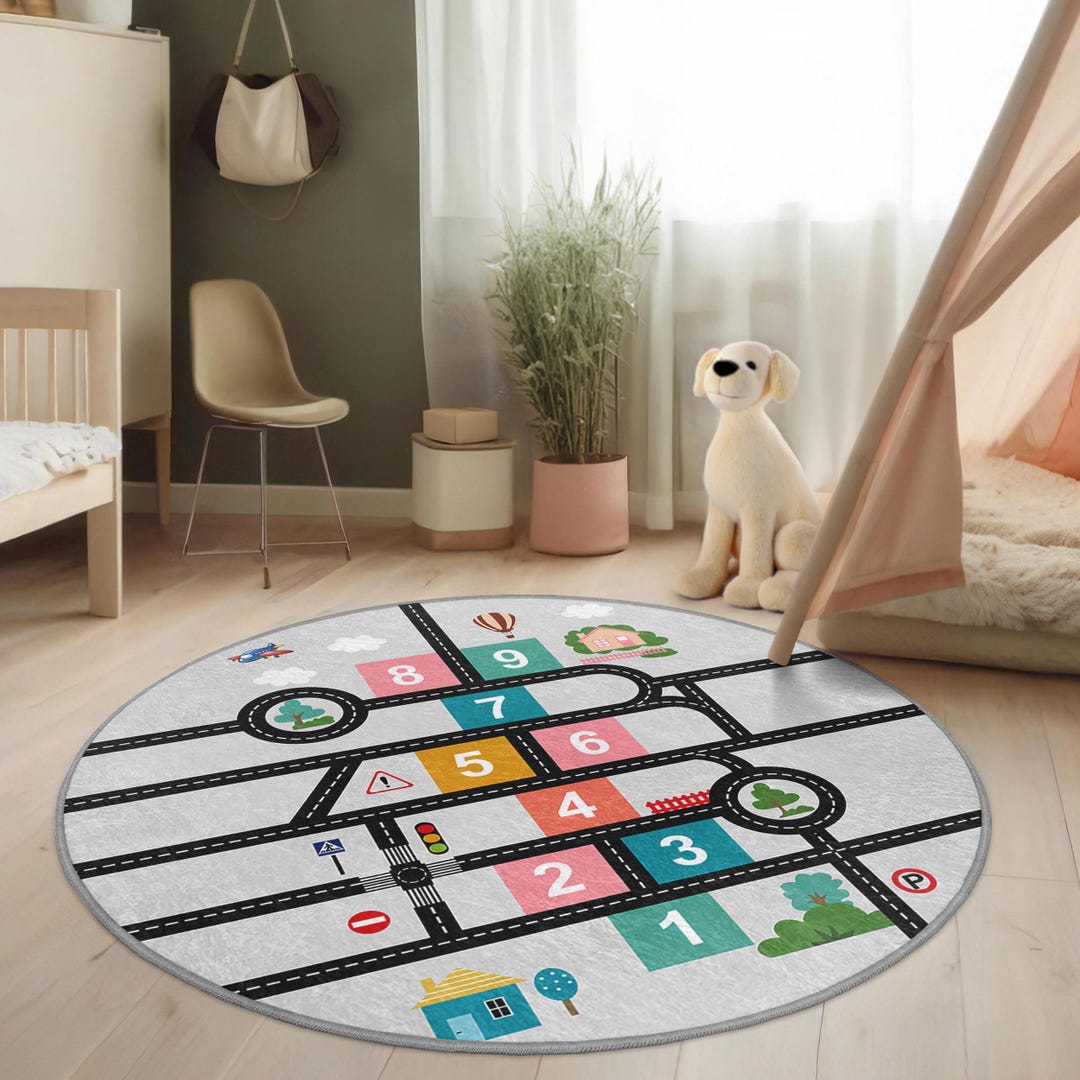 Round Racetrack Rug Race Track Play Kids Room Round Rug - Colorful Hopscotch Road Circle ...