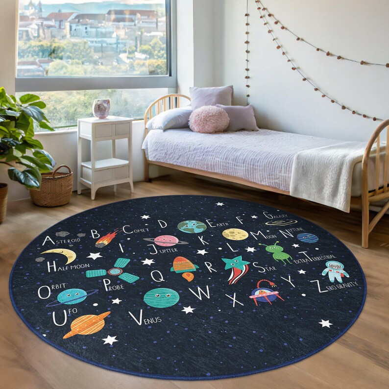 Rocket Circular Rug Space Alphabet Kids Room Round Rug - UFO Rocket Planets Circle Carpet ...