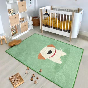 Pastel Puppy Nursery Rug - Cartoon Dog Design Kids Carpet - Green Playroom Accent Rug - Adorable Pet Theme Mat-Easy Clean Anti-Slip Area Rug
