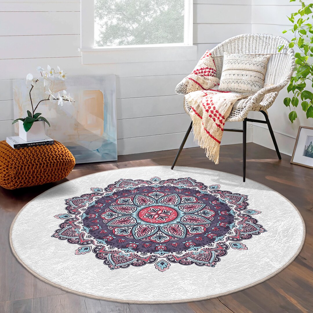 Majestic Mandala Design Round Rug - Floral Paisley Circle Carpet - Boho ...