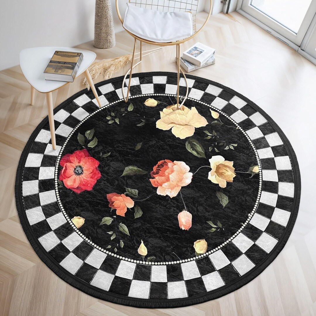 Elegant Floral Checkered Round Rug - Vintage Floral Circle Carpet ...