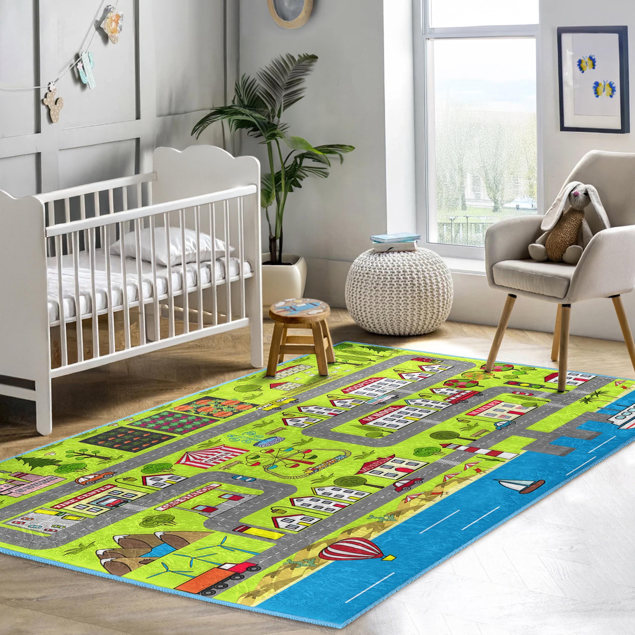 遊び心のある町の地図のラグ - 明るい漫画の道路マット - 子供用プレイ