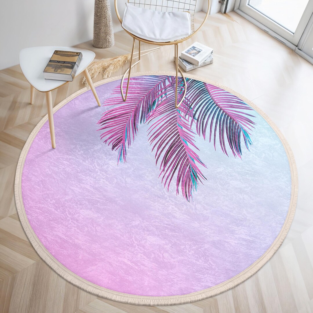 Palm Rug Gradient Palm Design Round Rug - Tropical Leaf Pattern Oval Mat ...