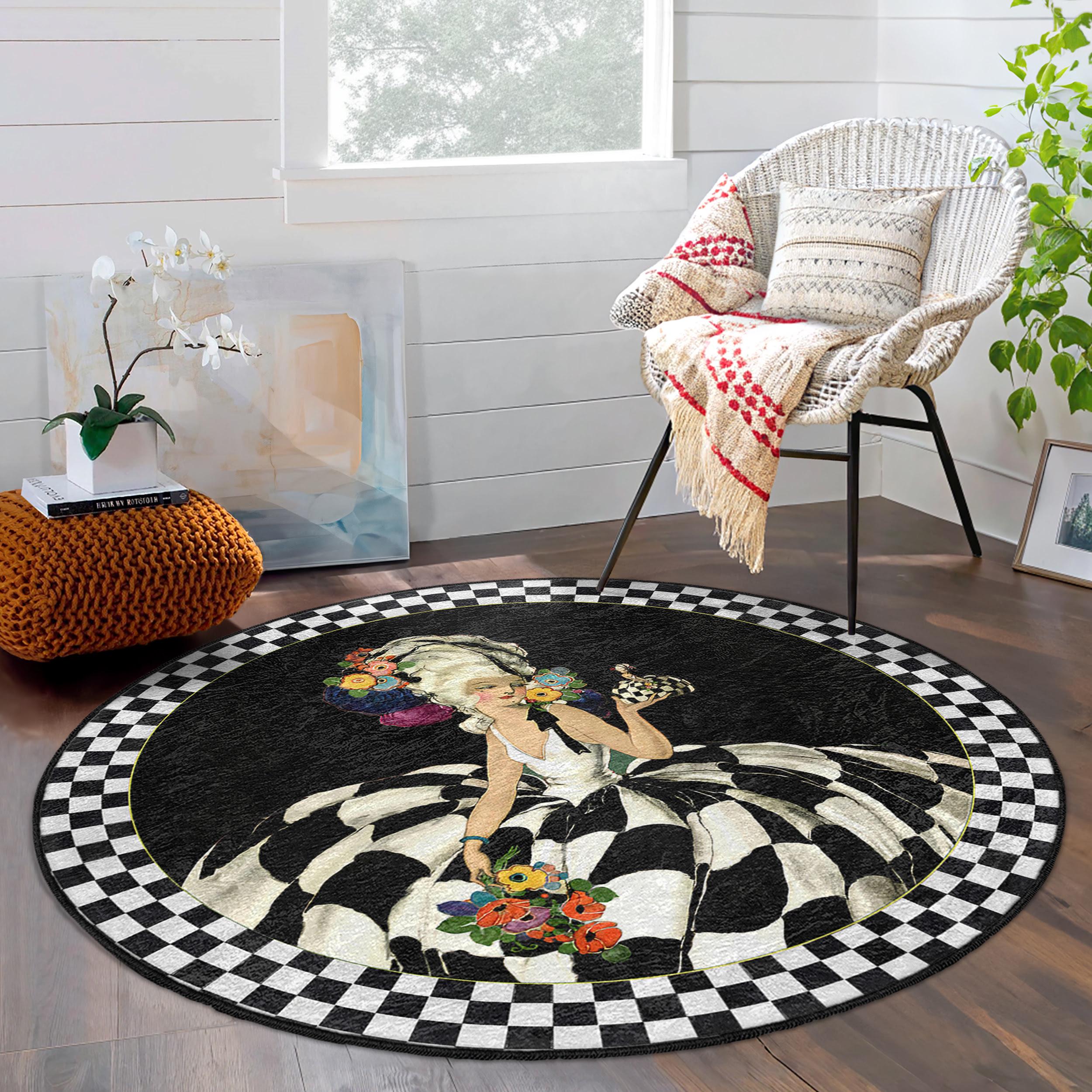 Elegant Checkered Lady Round Rug - Black White Floral Circle Mat ...