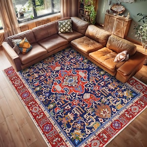 Persian Blue Area Rug-Intricate Floral Red Carpet-Vibrant Anatolian Mat-Decorative Art Throw Rug-Traditional Room Runner-Creative Accent Rug