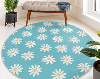 Daisy Charm on Aqua Round Rug - Floral Pattern Circle Carpet-Vibrant Turquoise Accent Rug-Elegant Botanical Round Mat-Durable Round Area Rug