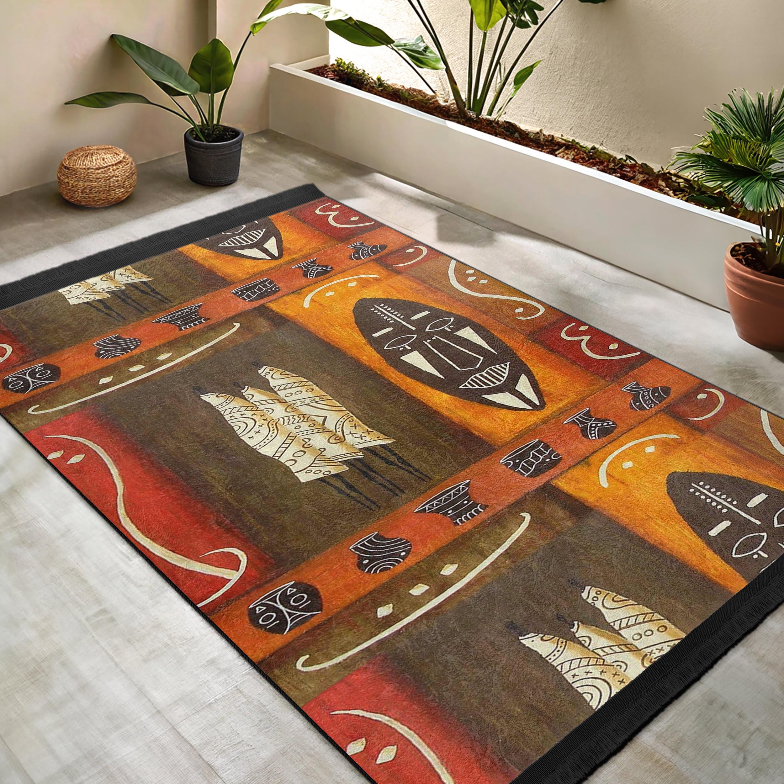 African Tribal Mask Area Rug - Ethnic Geometric Art Carpet