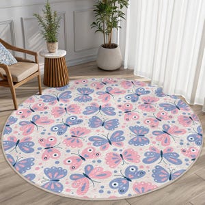 Butterfly Bliss Pink Round Rug - Colorful Whimsical Butterfly Pattern Round Carpet - Floral Motif Circle Mat - Kids Room Oval Mat