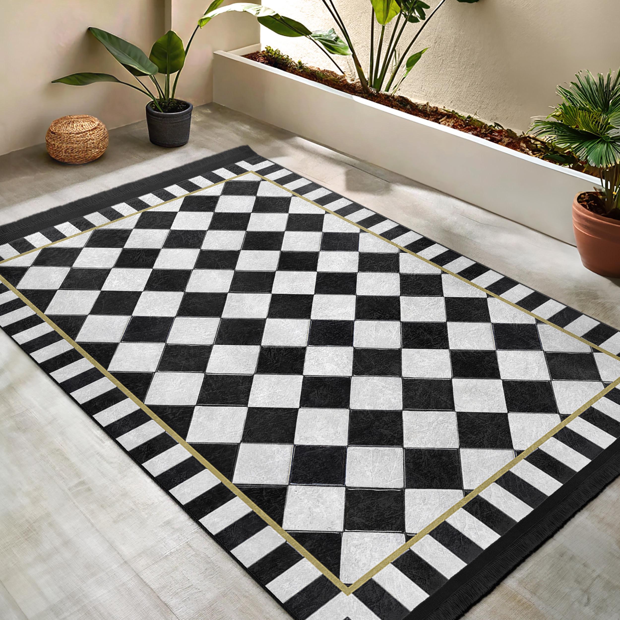 Diamond Area Rug - Geometric Black White Argyle Carpet - Gold Edge Anti ...