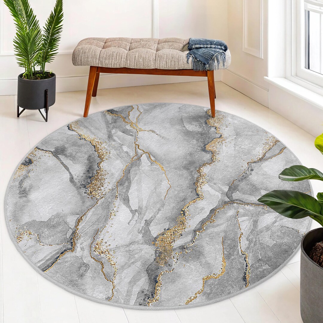 Micro Gold Button Rug Texture Marble Gold Vein Round Rug - Stone Texture Accent Rug - Gray Wave ...