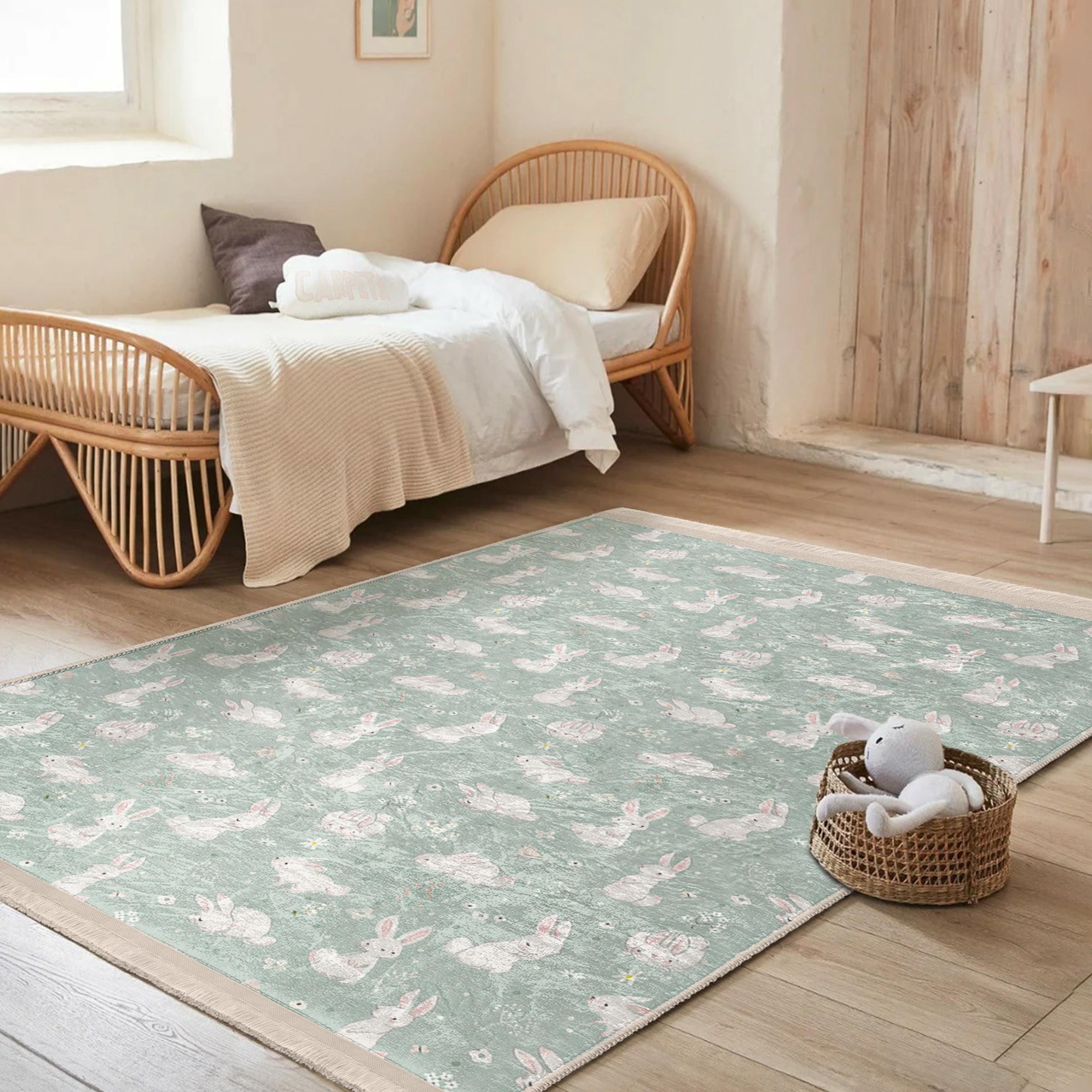 Whimsical Bunny Meadow Rug - Bunny Rabbit Print Mat - Green Pastel