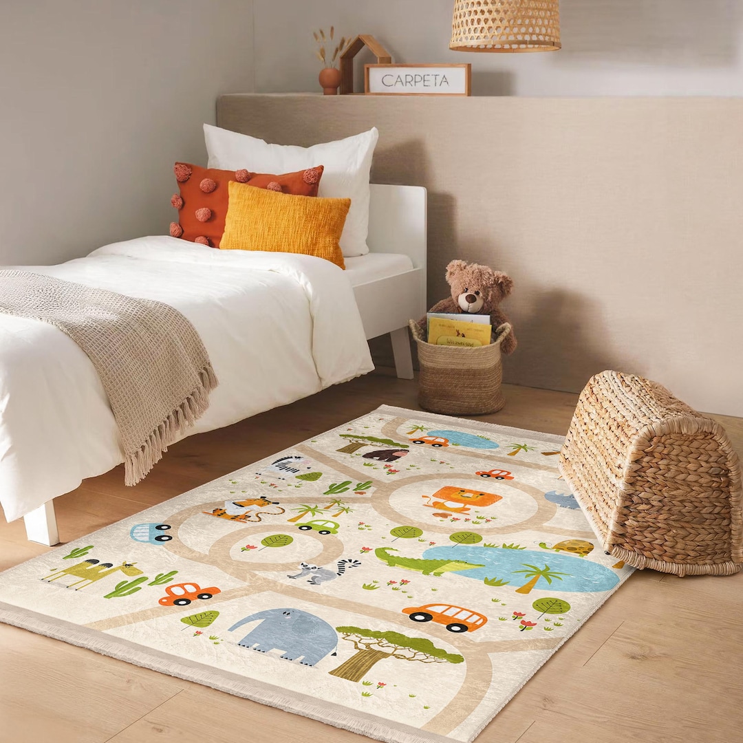 Colorful Safari Adventure Rug-zoo Animals Car Pattern Kids Carpet ...