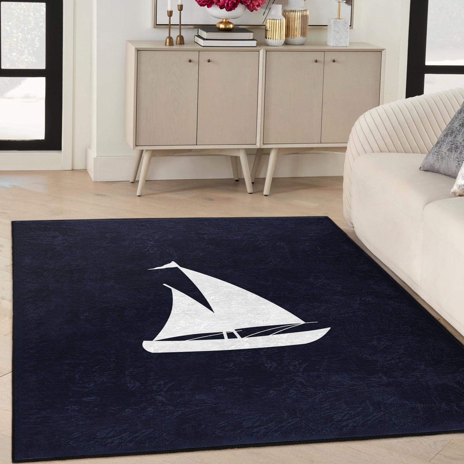 Nautical Sailboat Accent Rug - Sail Design Dark Surface Mat - Navy ...