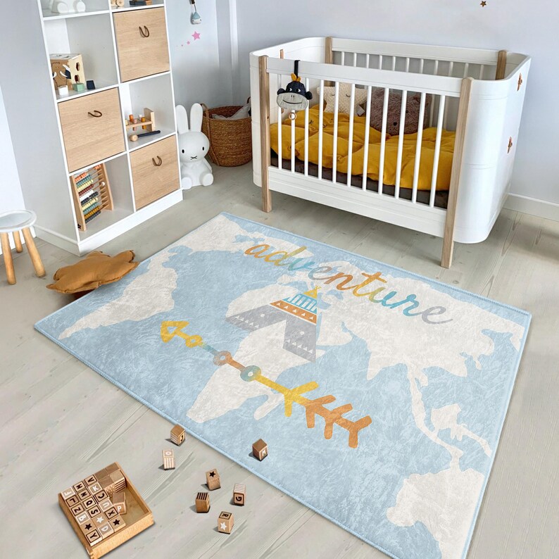 Adventure World Map Rug - Colorful Letters Mat - Blue Kids Room Carpet ...